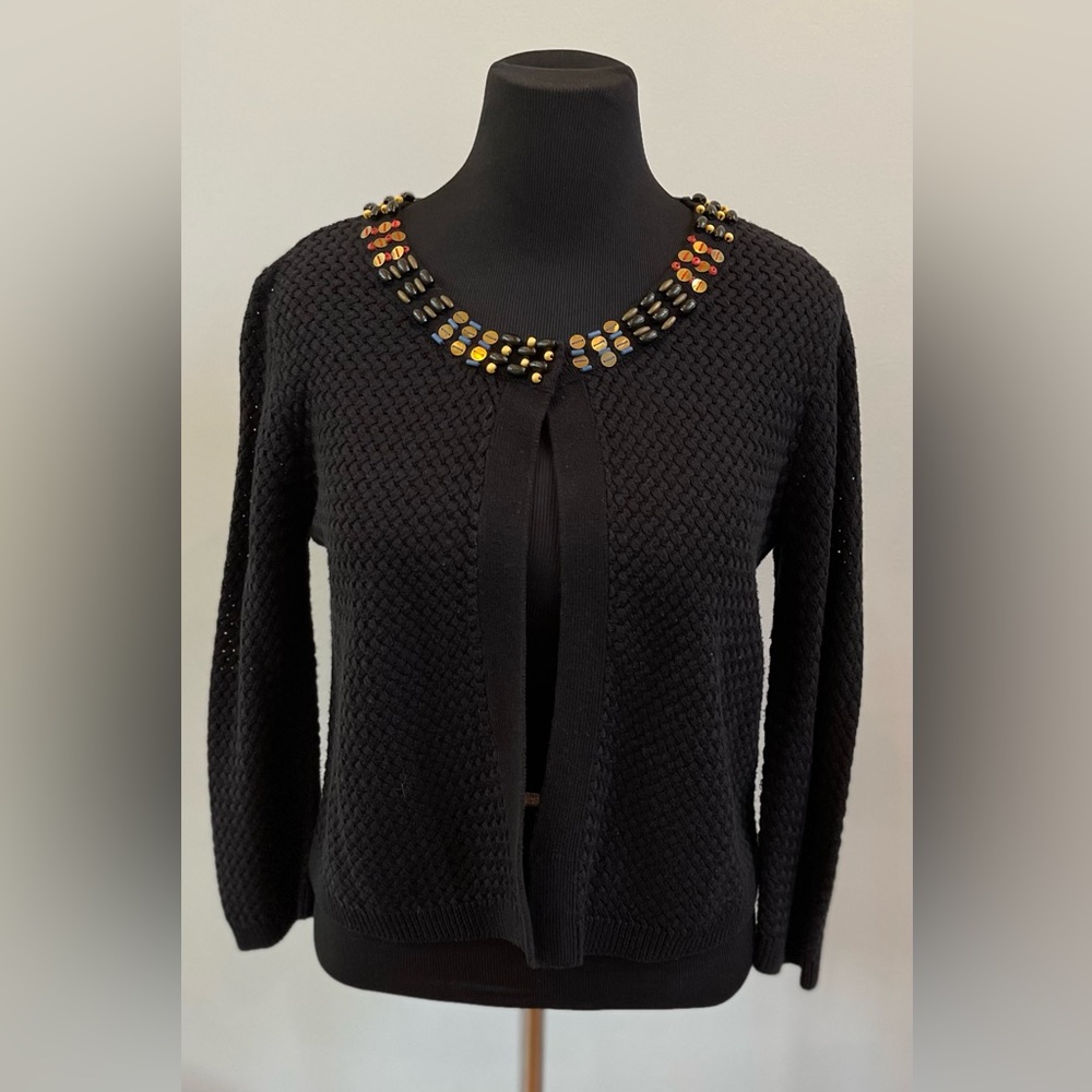 Ruby Rd Womens Black Open Front Long Sleeve Cardigan Bedded Neck Sweater Size L